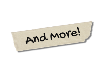 Handwritten message "and more!" on a taped note