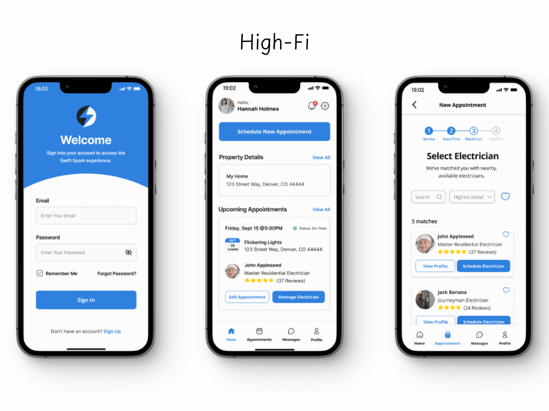 High-Fi Mockups for Swift Spark Mobile App