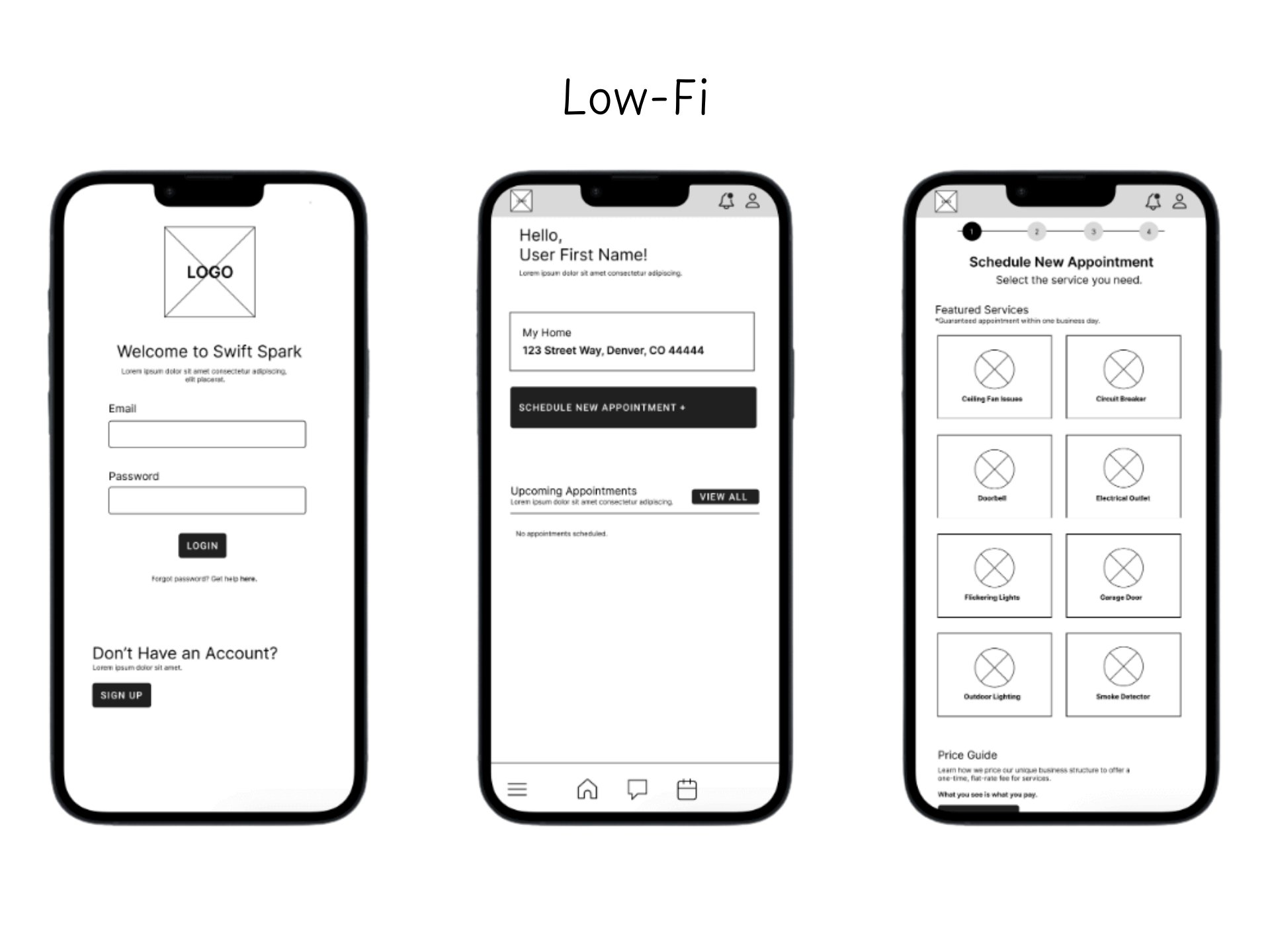 Low-Fi Mockups for Swift Spark Mobile App