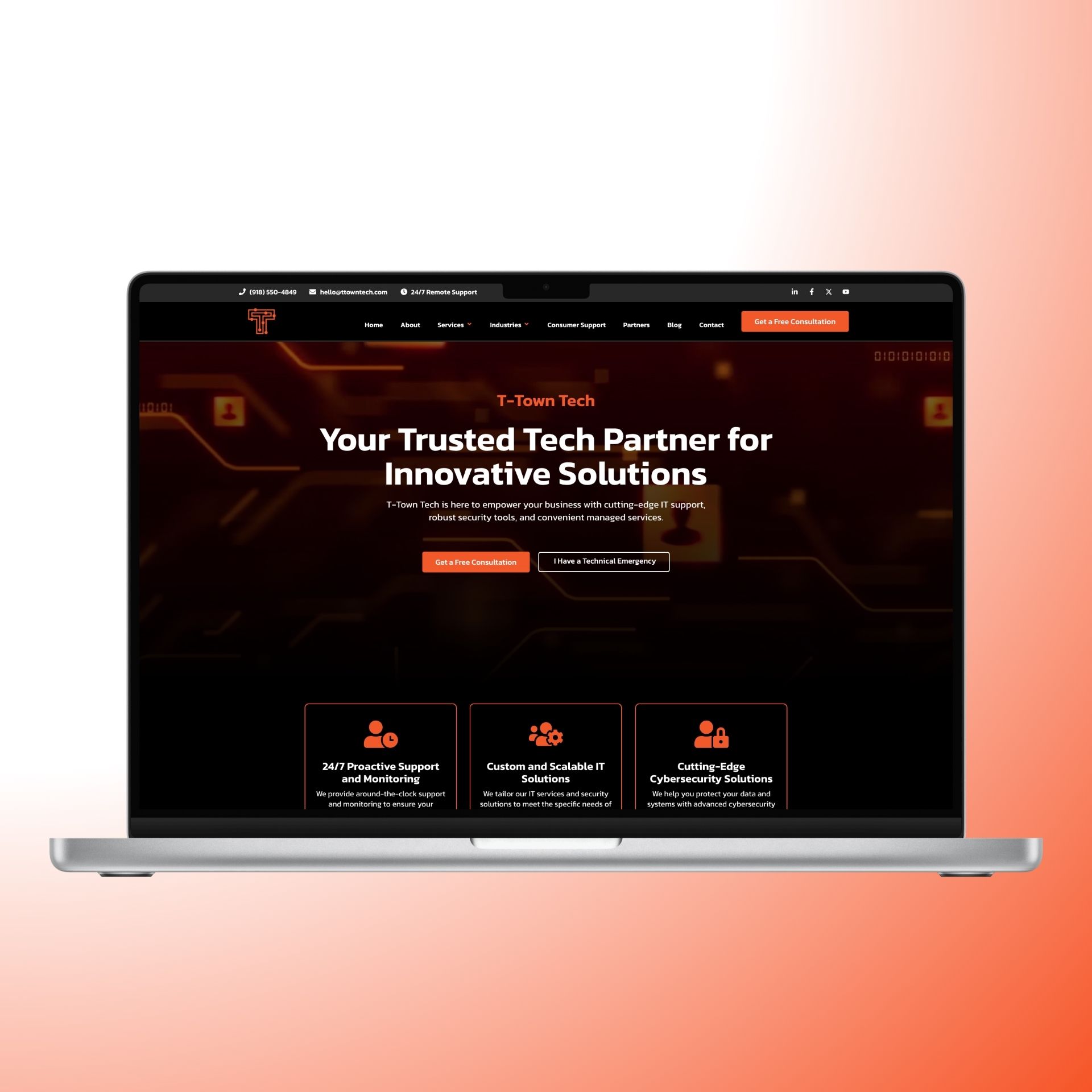 T-Town Tech web design laptop mockup